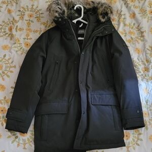 MICHAEL Michael Kors Black Parka Jacket with Faux Fur Hood and Long Length